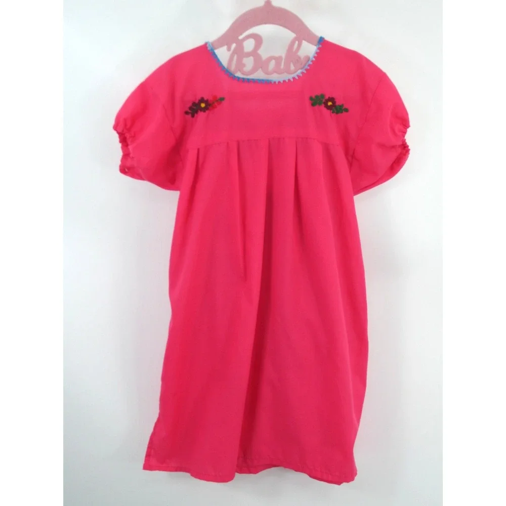OAXACA Dress Girls 6/7 Pink Floral Embroidery Traditional Mexican Folk Puebla
